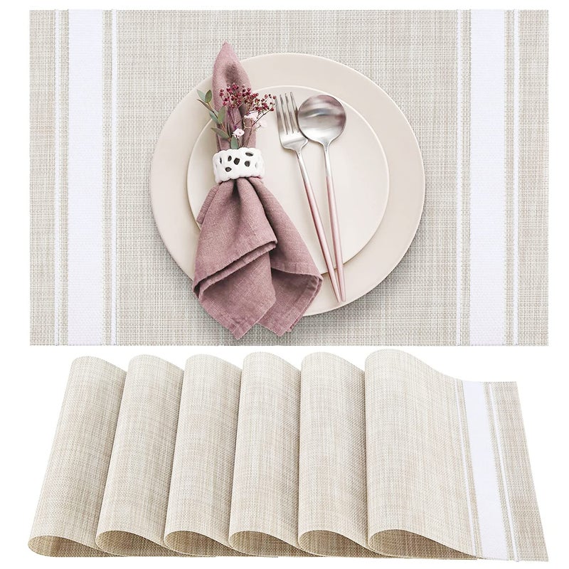 DACHUI Placemats Set of 6, Soft & Elegant Woven Vinyl Place Mats, Water Resistant, Heat Resistant, Washable, Durable Table Mats (White Stripes) - Image 1